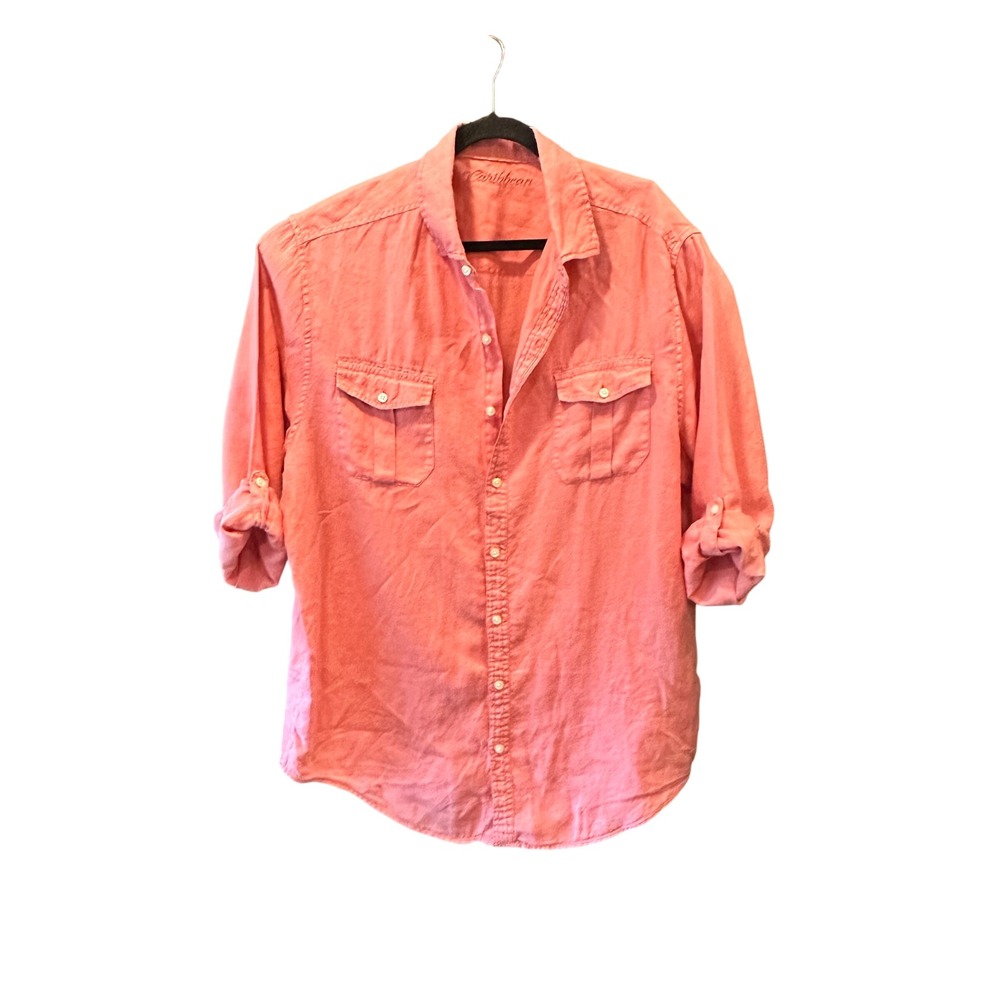 Caribbean Mens XLT Linen Button Down Shirt Roll Tab Sleeves Coral Pink 2 Pockets